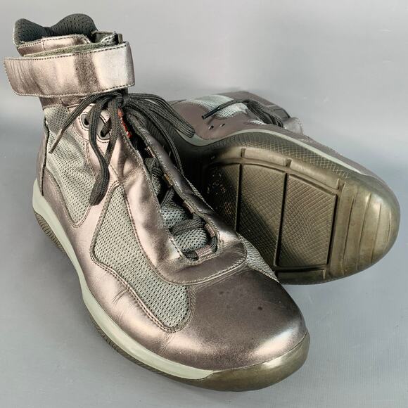 PRADA SPORT Size 10.5 America's Cup Silver Leather Nylon Mesh Ankle Sneakers - Picture 5 of 11